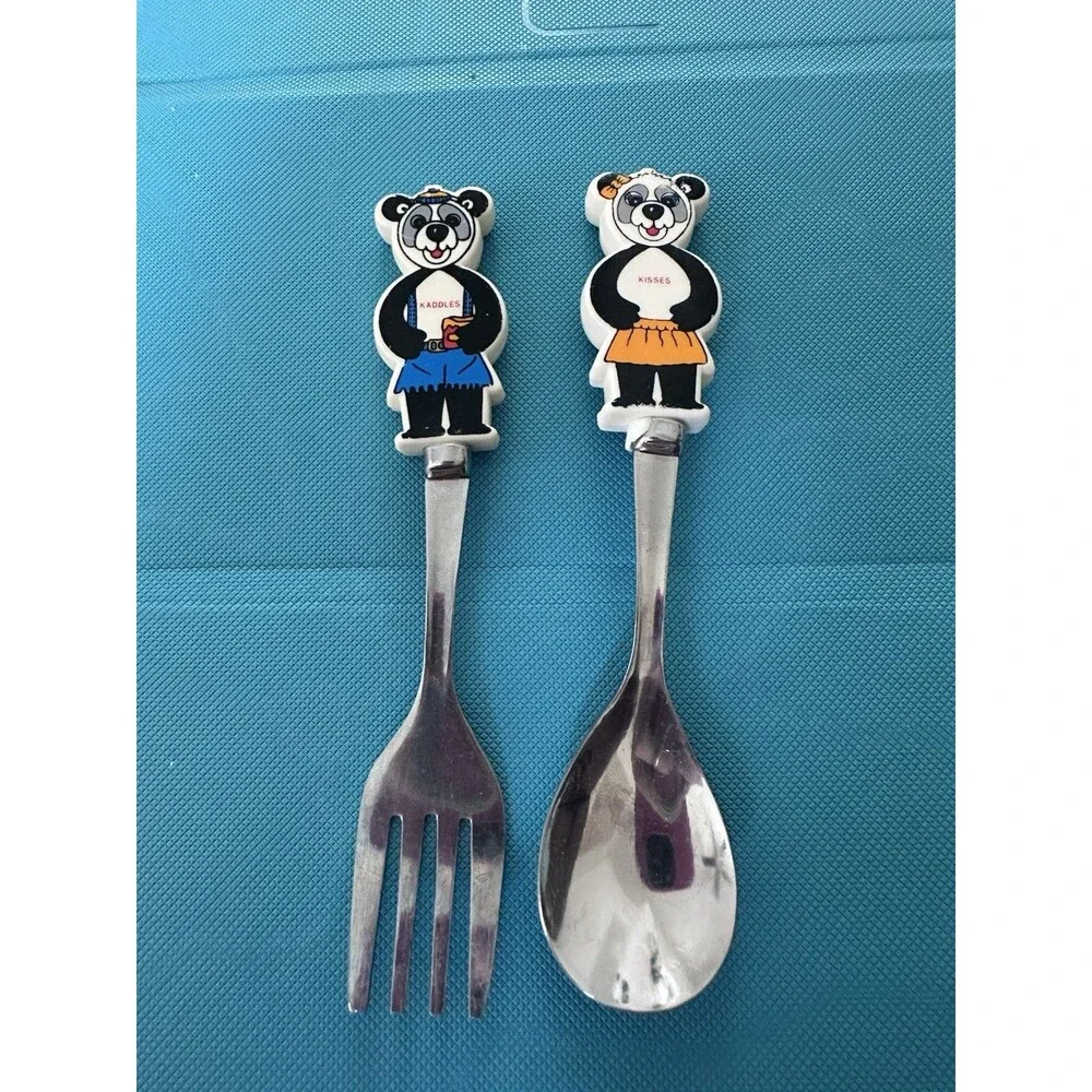Vintage Kaddles & Kisses Panda Kids Spoon & Fork Set Stainless Taiwan Rare